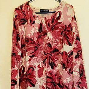 Jones New York, pink, black, and white cardigan.